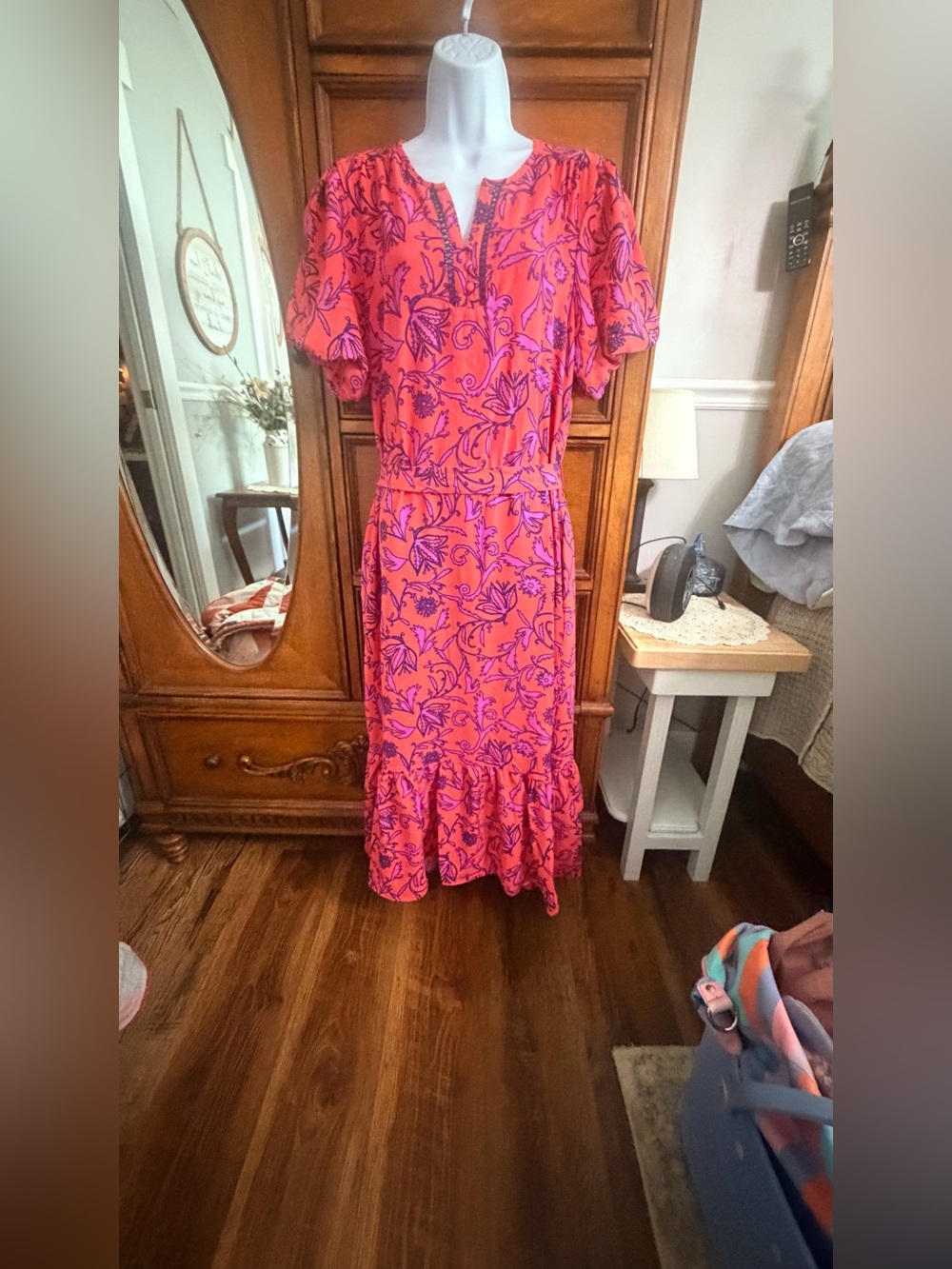 V-Neck Coral Midi Dress with Purple Floral Print